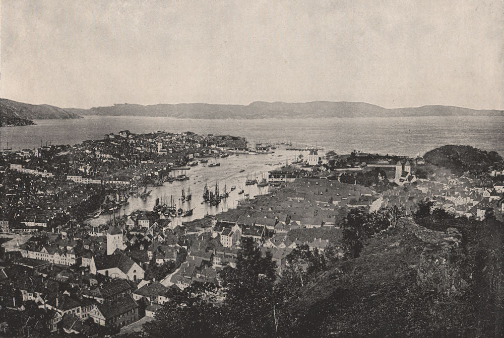 BERGEN. Bird's-eye view of the town and harbour. Norway 1895 old antique print